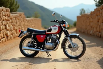 Honda XLV750R vintage trail moto collector garée sur une route de montagne avec patine authentique