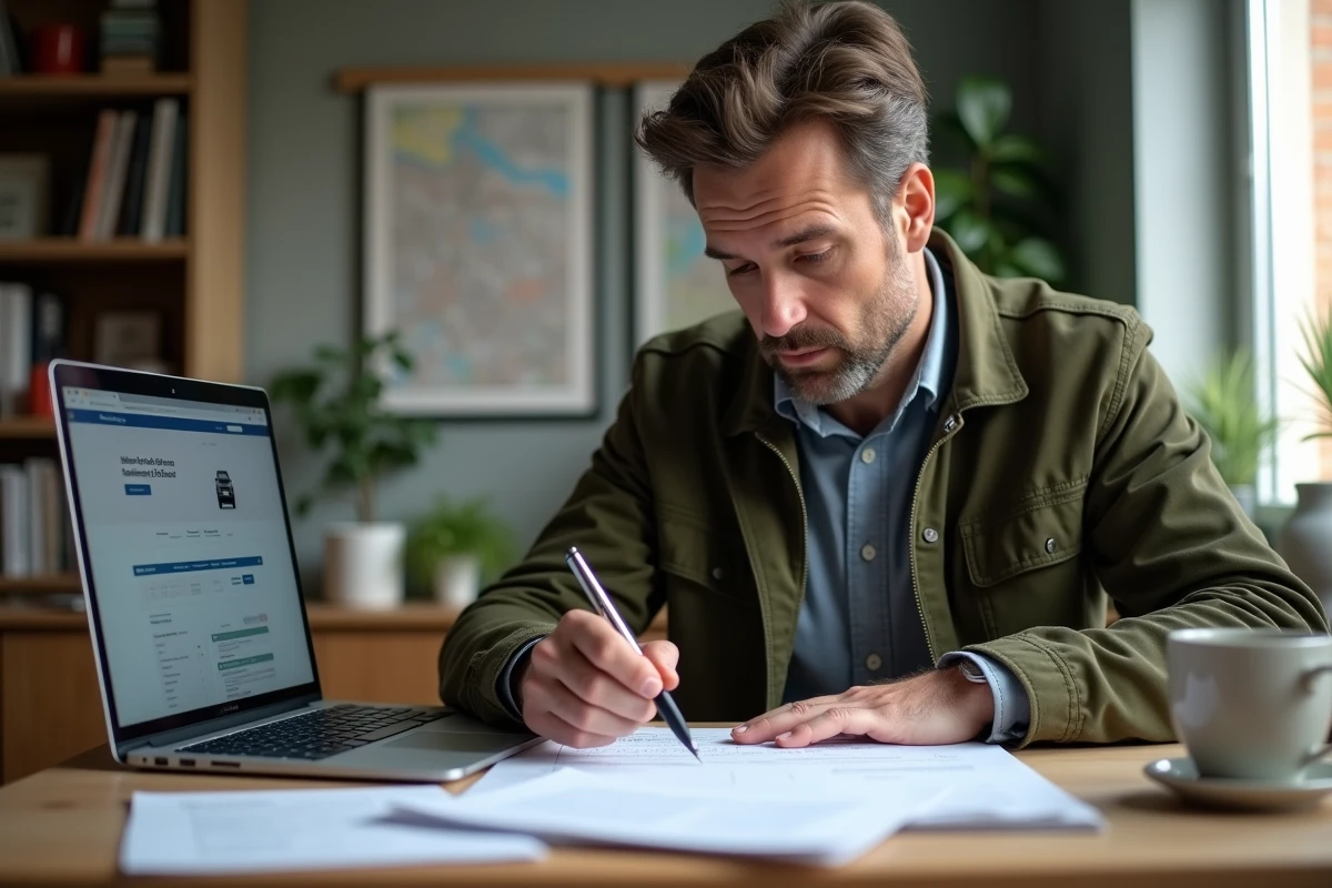 Homme consultant les formulaires d'immatriculation de véhicule belge en ligne depuis son bureau à domicile