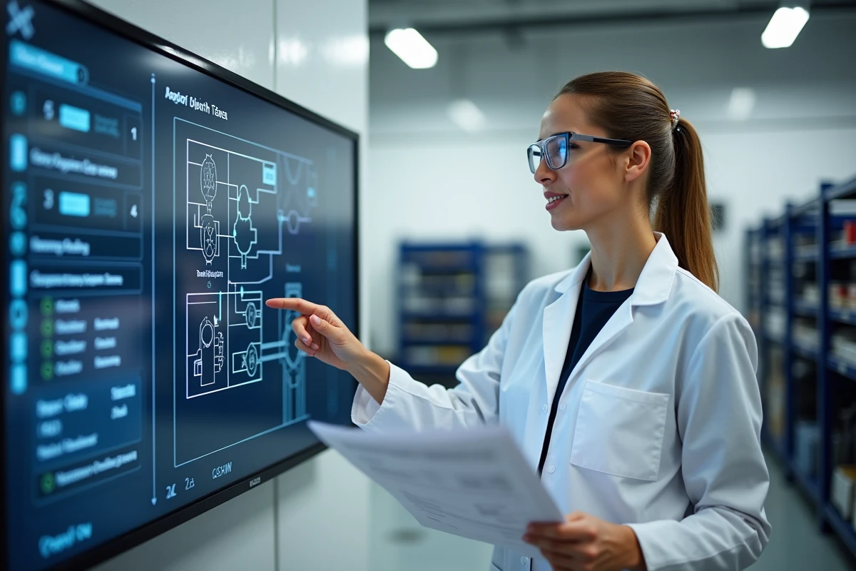 Ingénieure automobile analysant un rapport de codes d'erreur DME devant un schéma de câblage dans un centre de diagnostic moderne