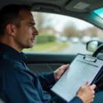 Inspecteur du permis de conduire tenant une grille d'évaluation dans une voiture d'auto-école