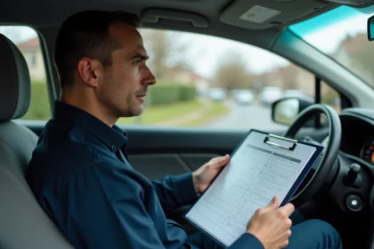 Inspecteur du permis de conduire tenant une grille d'évaluation dans une voiture d'auto-école