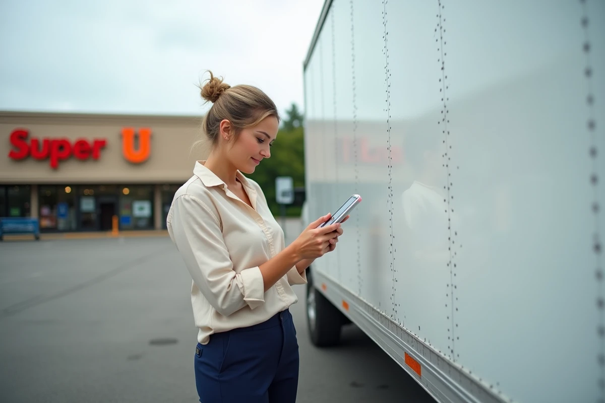 Femme inspectant l'extérieur d'un camion de déménagement loué au Super U dans un parking, smartphone en main avec checklist