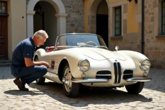 Mécanicien inspectant la carrosserie d'une BMW 507 vintage ivoire sur des pavés bavarois avant achat