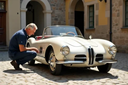 Mécanicien inspectant la carrosserie d'une BMW 507 vintage ivoire sur des pavés bavarois avant achat