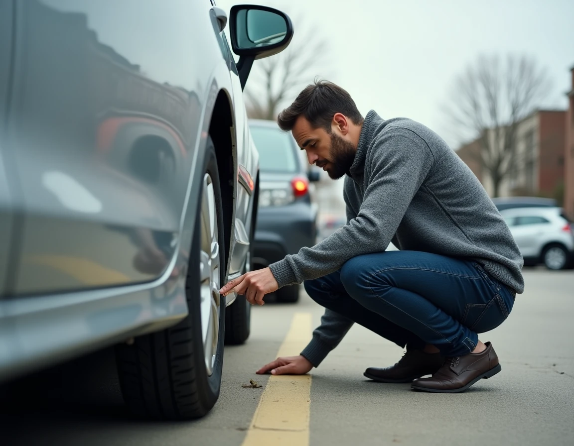 Acheteur potentiel inspectant minutieusement la carrosserie d'une voiture d'occasion dans un parking avant achat