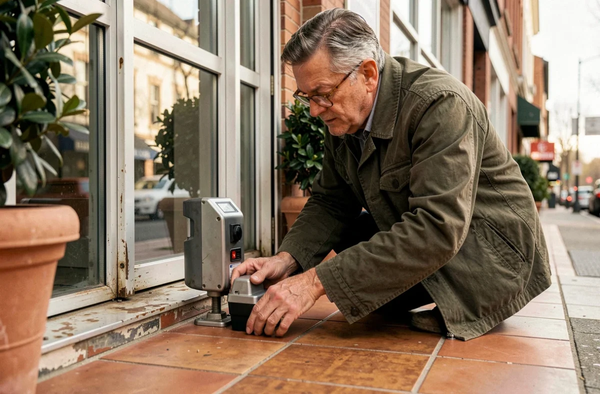 Propriétaire senior inspectant un compteur de passage mécanique à l'entrée d'un bâtiment commercial en milieu urbain