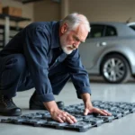 Homme inspectant une dalle de sol clipsable pour garage en PVC grise, examinant le mécanisme d'emboîtement