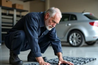 Homme inspectant une dalle de sol clipsable pour garage en PVC grise, examinant le mécanisme d'emboîtement