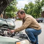 Homme inspectant le moteur d'une voiture familiale en extérieur