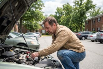 Homme inspectant le moteur d'une voiture familiale en extérieur