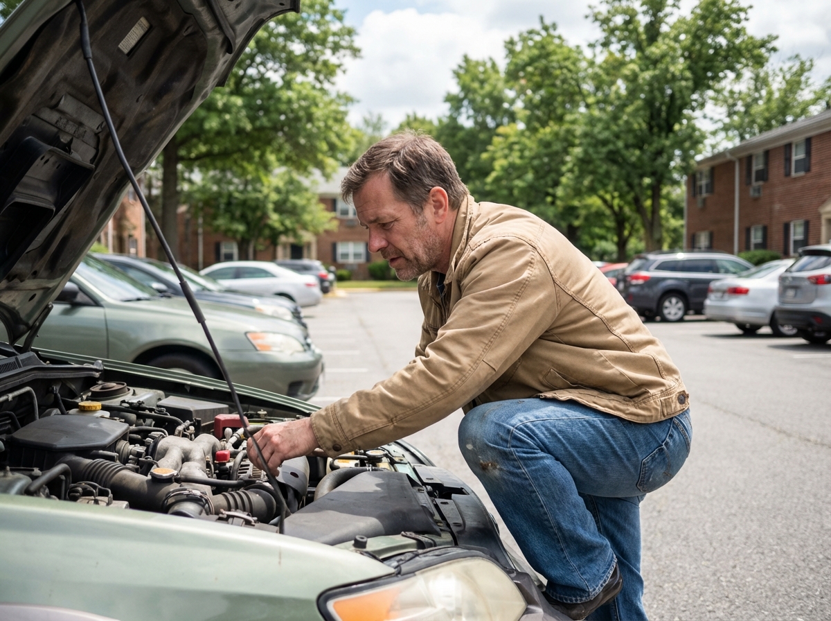 Homme inspectant le moteur d'une voiture familiale en extérieur