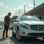 Personne inspectant une Mercedes GLA d'occasion en extérieur