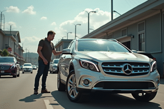 Personne inspectant une Mercedes GLA d'occasion en extérieur