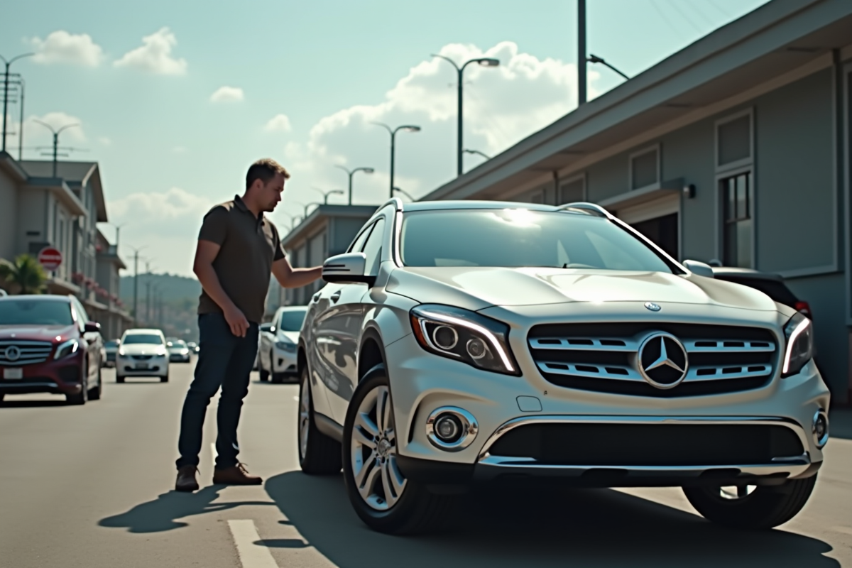 Personne inspectant une Mercedes GLA d'occasion en extérieur