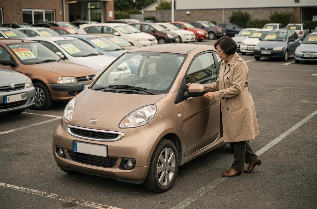 Femme inspectant une voiture sans permis 5 places d'occasion dans un lot de concessionnaire