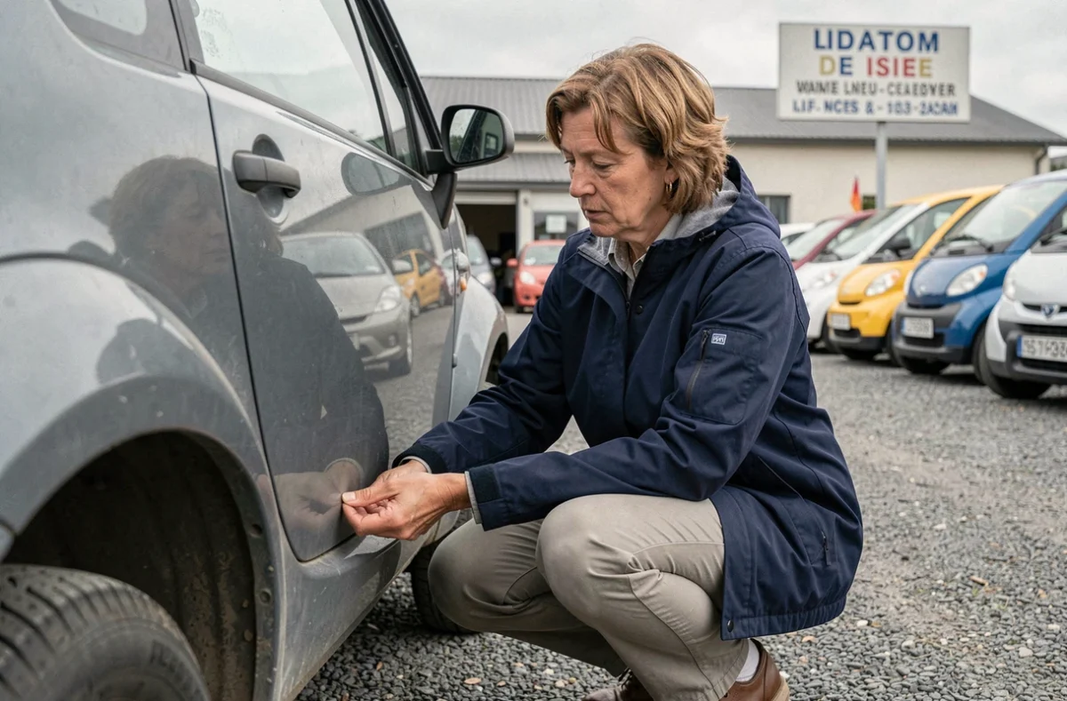 Femme inspectant une voiture sans permis d'occasion dans un garage en Isère