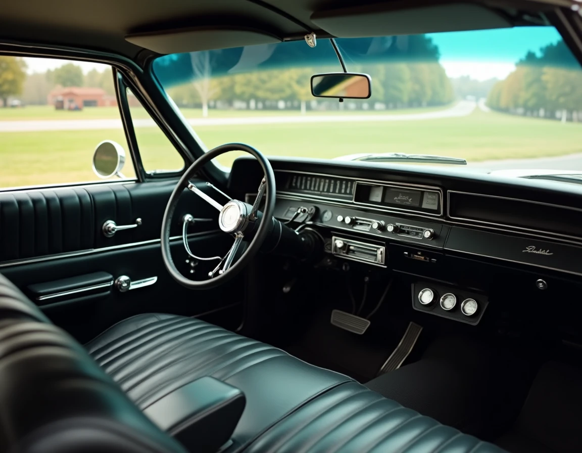 Intérieur authentique d'une Chevrolet Impala 1967 automatique avec tableau de bord d'époque, volant chromé et banquette en vinyle noir