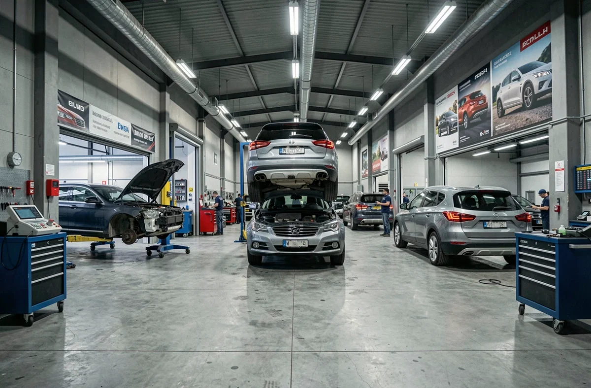 Vue intérieure grand angle d'un garage automobile professionnel en Île-de-France avec plusieurs véhicules en réparation