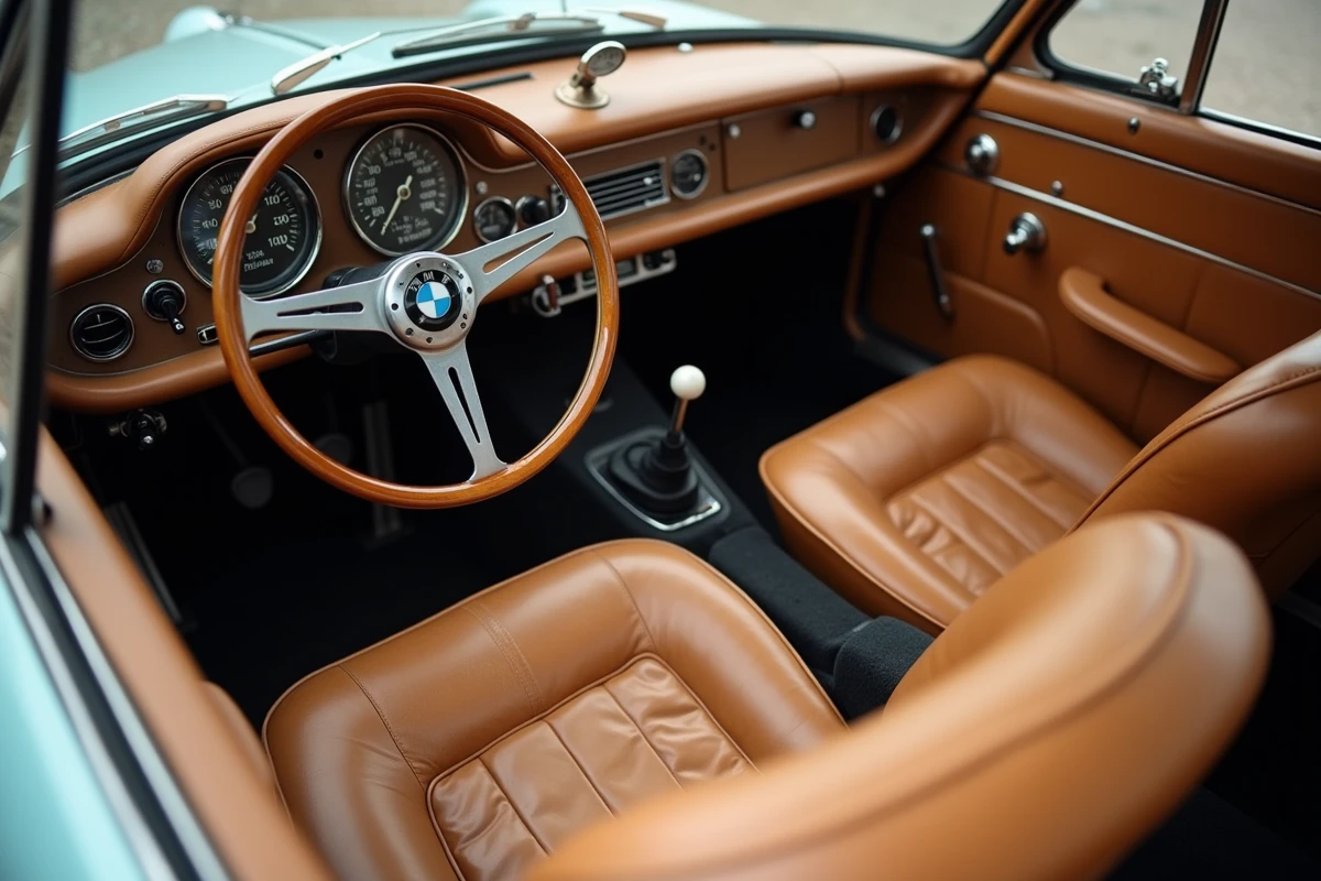 Intérieur authentique d'une BMW 507 d'époque avec sièges en cuir usé et tableau de bord original