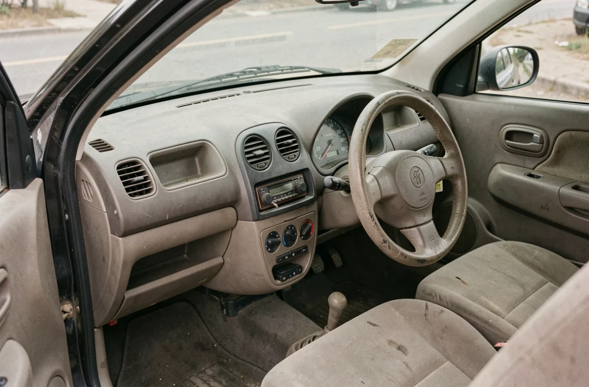Tableau de bord intérieur d'une voiture sans permis d'occasion avec instrumentation simple et habitacle usé