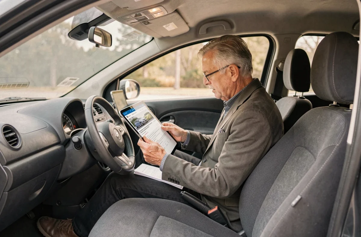 Homme consultant une annonce en ligne à l'intérieur d'une voiture sans permis 5 places d'occasion