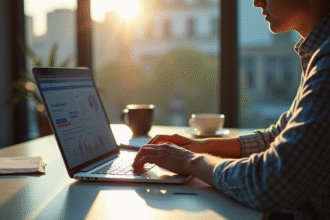 Jeune adulte travaillant sur un ordinateur avec site officiel français