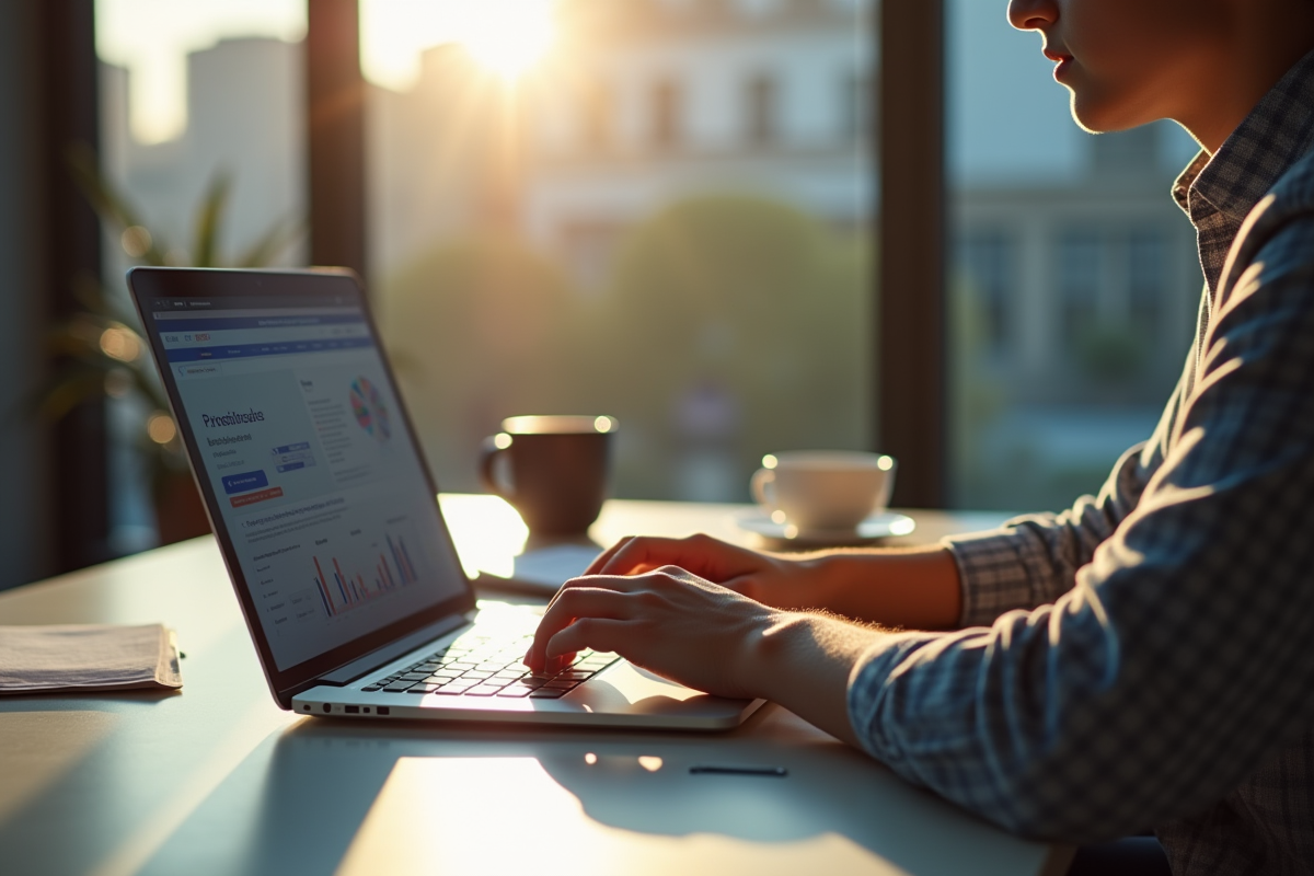 Jeune adulte travaillant sur un ordinateur avec site officiel français