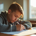 Jeune adulte passant un examen de moto en classe