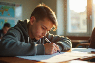 Jeune adulte passant un examen de moto en classe
