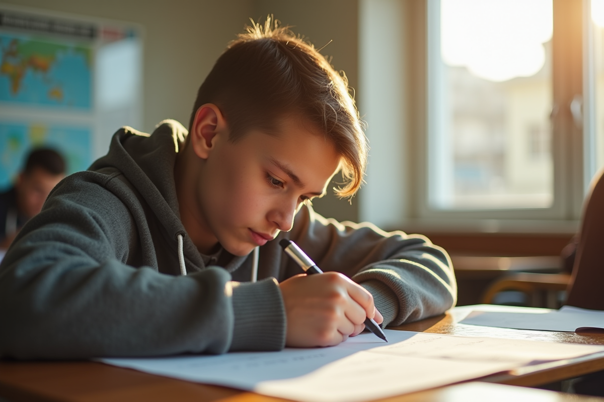 Jeune adulte passant un examen de moto en classe