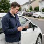 Jeune conducteur masculin consultant des documents d'assurance auto à côté d'une voiture blanche compacte dans un parking résidentiel