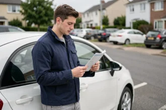 Jeune conducteur masculin consultant des documents d'assurance auto à côté d'une voiture blanche compacte dans un parking résidentiel
