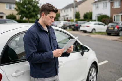 Jeune conducteur masculin consultant des documents d'assurance auto à côté d'une voiture blanche compacte dans un parking résidentiel