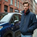 Jeune conducteur souriant debout à côté d'une Citroën C3 compacte dans une rue urbaine animée