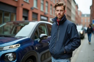 Jeune conducteur souriant debout à côté d'une Citroën C3 compacte dans une rue urbaine animée