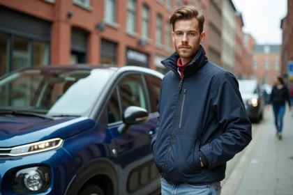 Jeune conducteur souriant debout à côté d'une Citroën C3 compacte dans une rue urbaine animée