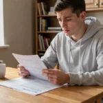 Jeune conducteur masculin consultant des documents d'assurance auto à une table en bois dans un appartement