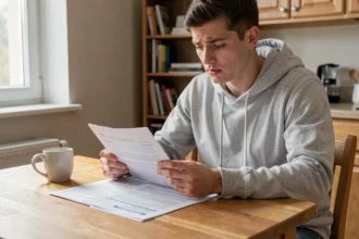 Jeune conducteur masculin consultant des documents d'assurance auto à une table en bois dans un appartement