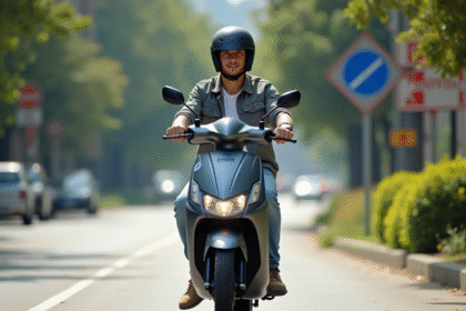 Jeune adulte portant un casque en ville sur un scooter moderne