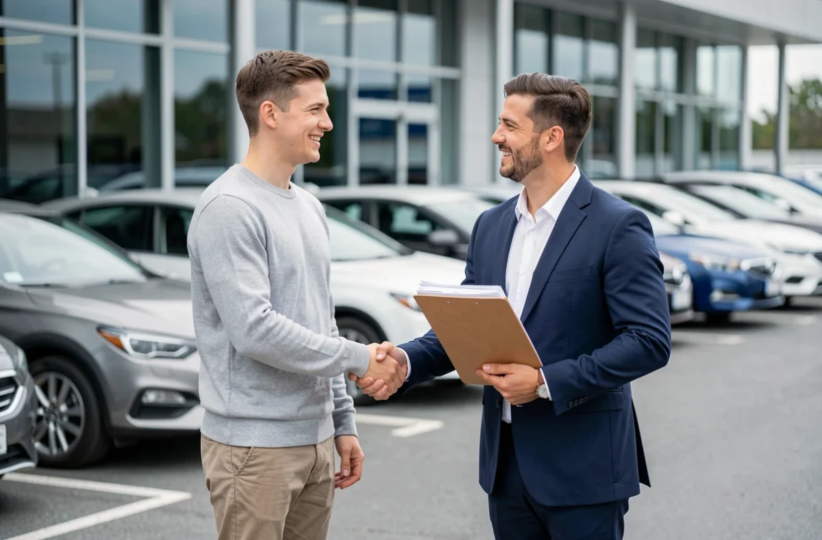 Jeune conducteur signant un contrat d'assurance auto avec un conseiller dans un parking de concession automobile