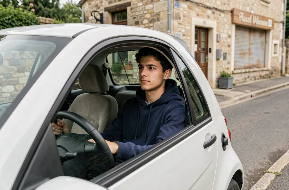 Jeune conducteur au volant d'une voiture sans permis d'occasion dans un village français