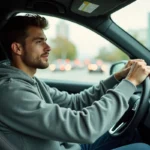 Jeune conducteur au volant d'une voiture en milieu urbain, illustrant la réglementation sur le taux d'alcool autorisé pour les nouveaux permis