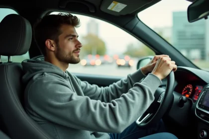 Jeune conducteur au volant d'une voiture en milieu urbain, illustrant la réglementation sur le taux d'alcool autorisé pour les nouveaux permis