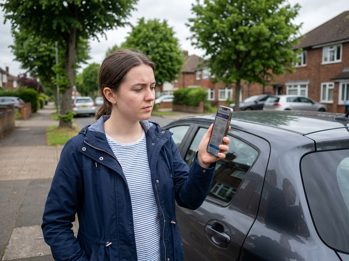 Jeune femme conductrice devant sa voiture consultant son smartphone pour comparer des offres d'assurance auto