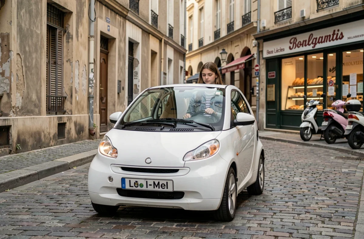 Jeune conductrice garant une voiture sans permis dans une rue urbaine française pavée