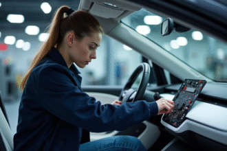 Jeune ingénieure en voiture électrique dans un laboratoire