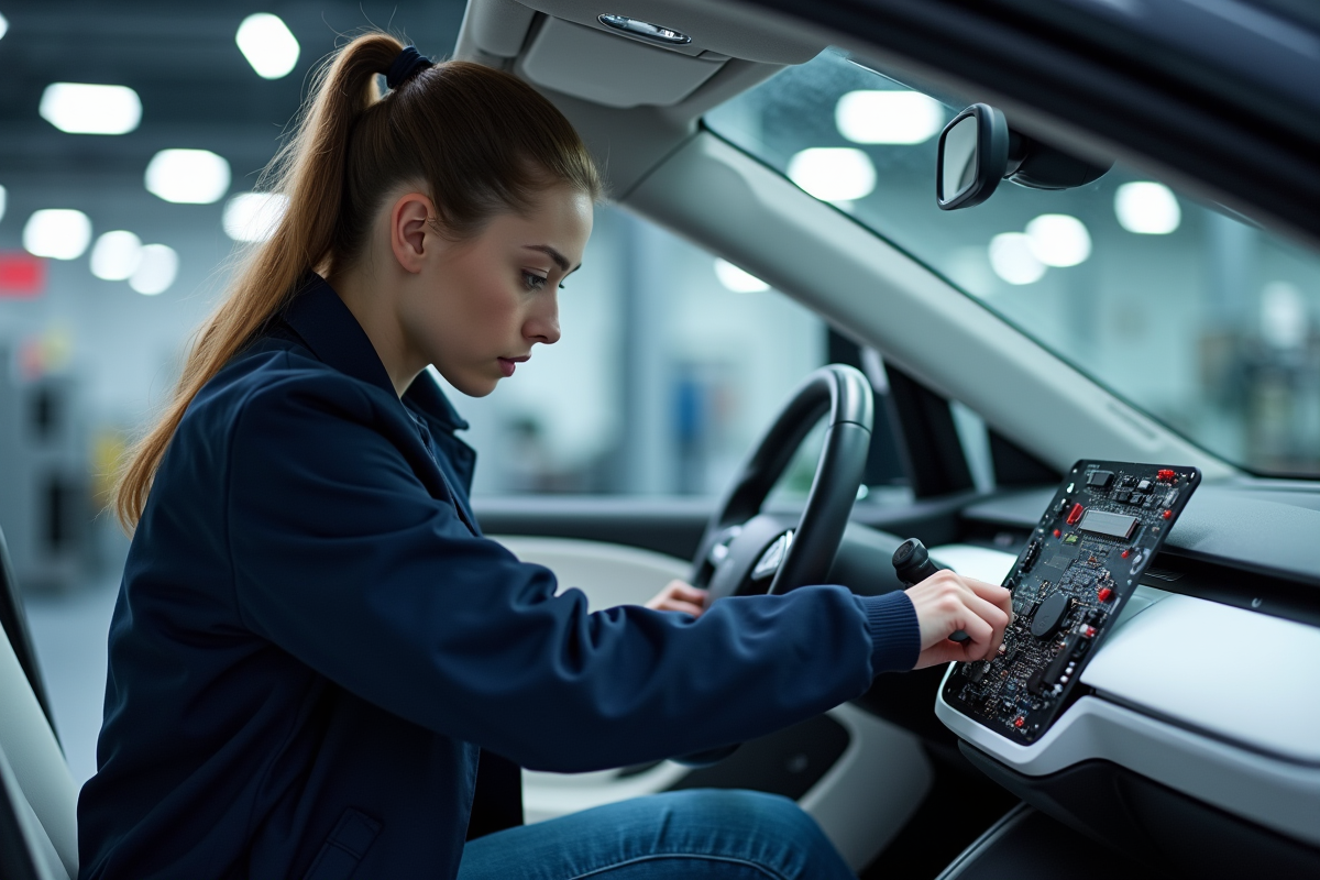 Jeune ingénieure en voiture électrique dans un laboratoire
