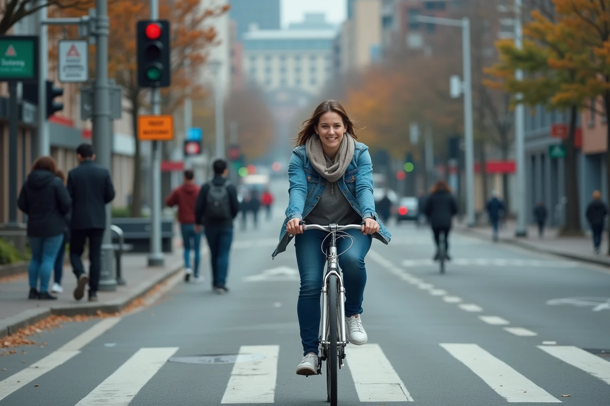 Jeune femme à vélo traversant une intersection urbaine