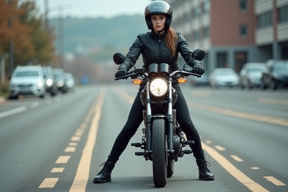 Jeune femme freinant en moto dans un parking urbain