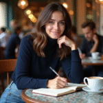 Jeune femme au café écrivant dans un carnet